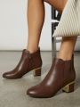 Metal Block Heel Faux Leather Ankle Booties