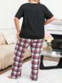 Plus Size Women's Plaid Short Sleeve T-Shirt And Long Pants Pajama Set