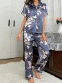 Imitation Silk Floral Print Pajama Set With Lapel Collar