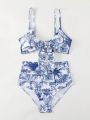 SHEIN Swim BohoFeel Women's Botanical Print Swimsuit Set