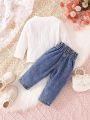 Baby Girls' Ribbed T-Shirt And Paper Bag Waist Jeans