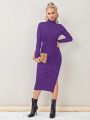 SHEIN Essnce Mock Neck Split Thigh Ribbed Knit Bodycon Dress