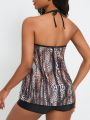 SHEIN Swim Classy Women'S Leopard Print Halter Neck Sleeveless Bikini Set