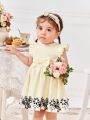 SHEIN Infant Girls' Cute Sleeveless Dress With Pale Yellow Bowknot & Lace Details