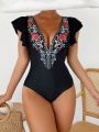 SHEIN Swim Classy Ladies' One-Piece Swimsuit With Printed Patchwork Design