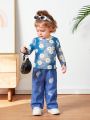 SHEIN Infant Girls' Flower Tie-dye Printed Long Sleeve Top With Jeans Imitation Pants Set