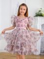 SHEIN Kids CHARMNG Tween Girls' Square Neckline Shirt With Batwing Sleeves, Back Buttons, And Organza Skirt With Floral Detail Two-Piece Set
