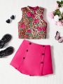 SHEIN Kids FANZEY Big Girls' Leopard & Flower Printed Stand Collar Vest With Decorative Buttons, A-line Skirt And Pants 2pcs/set