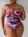 SHEIN Swim Vcay Plus Size Marble Print One-Piece Swimsuit With Spaghetti Straps