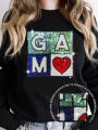 Ladies' Plus Size Long Sleeve Round Neck Glitter Letter Print T-Shirt