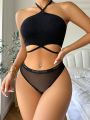 Letter Tape Waist Mesh Panty