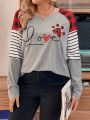 Women'S Plus Size Grid-Stripe Patchwork Raglan Sleeve Alphabet Print T-Shirt