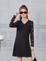 SHEIN Girls' Vintage Simple Street Style V-Neck Long Sleeve Dress With Heart Print