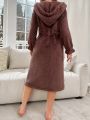 Drop Shoulder Drawstring Waist Hooded Flannel Lounge Robe