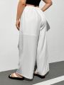 SHEIN Essnce Women's Plus Size White Long Pants With Belt, Wide Leg Pants For Spring And Summer