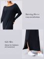 GLOWMODE Ribbed Silky Modal Off-Duty Boatneck Side Slit Dress