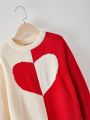 SHEIN Kids EVRYDAY Tween Girls' Casual Loose Fit Round Neck Heart Print Colorblock Pullover Sweater With Long Sleeves