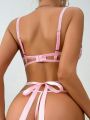 5pcs/Set Women's Perspective Lingerie Set With Underwire Bra, Thong, Garter Belt, And 2pcs Stockings, Sexy Valentine's Day