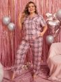 Plus Size Women'S Plaid Short Sleeve Shirt And Long Pants Pajama Set