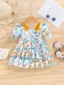 SHEIN Baby Girls' Casual Cute Flower Pattern Short Sleeve Dress With Ruffled Hem