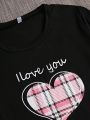 Slogan & Heart Pattern Short Sleeve T-Shirt, Plaid Shorts & Pants Pajama Set