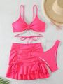 Tied & Rhinestone Decor Drawstring Solid Color Bikini Set