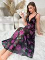 Floral Print Lettuce Trim Mesh Cami Nightdress