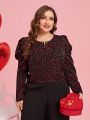 SHEIN Clasi Plus Size Women Valentine's Day Love Heart Pattern Leg Of Muttons Sleeve Shirt