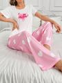 Women'S Letter Printed Short Sleeve T-Shirt And Heart Patterned Pants Pajama Set