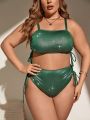 SHEIN Swim Basics Plus Size Women'S Metallic Drawstring Hoodie And Pants Set