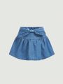 SHEIN Young Girl's Cute Bow Decoration Denim A-Line Skirt