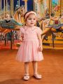 Baby Girl's Doll Collar Embroidered Flower Mesh Dress With Puff Sleeves And Waist Shirred, Pink