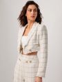 TSS Plaid Pattern Raw Trim Crop Tweed Blazer