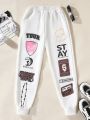 SHEIN Kids EVRYDAY Tween Girl Letter Graphic Elastic Waist Sweatpants