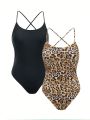 SHEIN Swim BAE Women's Solid Color And Leopard Printed One-piece Swimsuit With Matching Cover-up Set