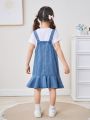 SHEIN Young Girl's Adjustable Loose Fit Denim Overall Skirt, Blue