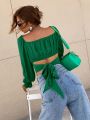 Square Neck Flounce Sleeve Tie Back Crop Milkmaid Blouse