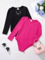 SHEIN Kids Cooltwn Toddler Girls' Casual Street Style Knit Round Neck Long Sleeve Jumpsuit