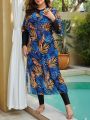 SHEIN Swim Mulvari 2pcs Plus Size Women'S Tropical Print One Piece Swimsuit