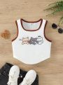 SHEIN Kids EVRYDAY Girls' (Big Kids) Letter & Cat Print Irregular Hem Tank Top