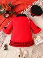 Baby Girl Contrast Collar Flounce Sleeve Ruffle Hem Overcoat & Hat