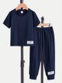 SHEIN Kids EVRYDAY Young Boy Round Neck Short Sleeve T-Shirt And Long Pants Fashion Casual Set