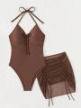 SHEIN Swim Chicsea Ladies' Halter Neck Drawstring One-Piece Swimsuit With Matching Drawstring Bikini Skirt