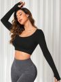 Women's 1 Piece Crop Top Ribbed Seamless Workout Exercise Long Sleeve Crop Tops