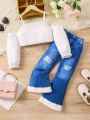 Toddler Girls' Hollow Out Front Flare Sleeve Top And Denim Effect 2pcs Outfits