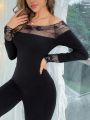 Contrast Lace Off Shoulder Thermal Underwear Set