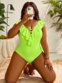 SHEIN Swim Basics Plus Size Solid Color Swimsuit With Ruffled Hem, Hollow Out Cross Design, Monokini