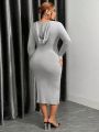 SHEIN SXY Women's Plus Size Solid Color Zipper Half Placket Hooded Slim Fit Dress
