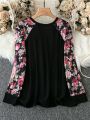 Women's Plus Size Flower Printed Patchwork Drop Shoulder Sleeve T-shirt