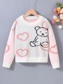 SHEIN Kids QTFun Tween Girl Heart & Bear Pattern Drop Shoulder Sweater